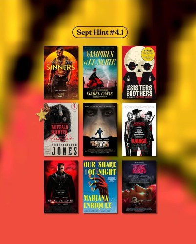 A grid of nine book covers featuring diverse titles, including 'Sinners', 'Vampires de El Norte', and 'The Sisters Brothers'. The image includes a star symbol and the text 'Sept Hint #4.1' at the top, set against a colorful background.